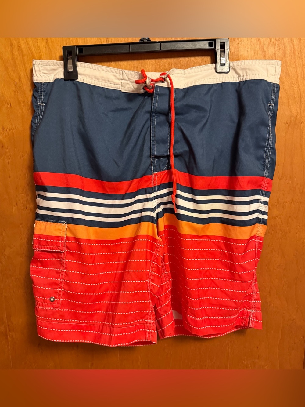 Chaps Navy, Red & Orange Striped Swim Board Shorts‎